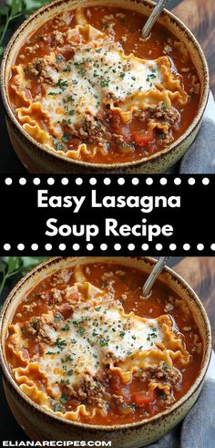 two bowls filled with lasagna soup on top of a wooden table