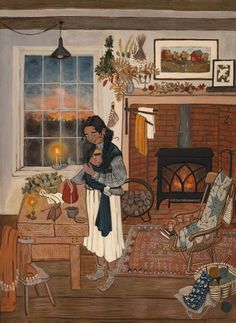 a painting of a woman holding a child in front of a fire place and fireplace