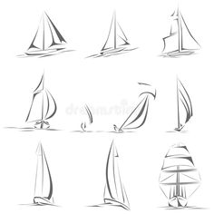 set of sailboats in different positions on the water, black and white drawing by hand