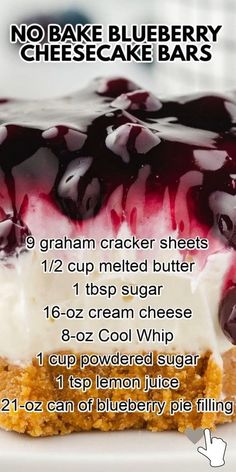 no bake blueberry cheesecake bars recipe on a white plate with text overlay