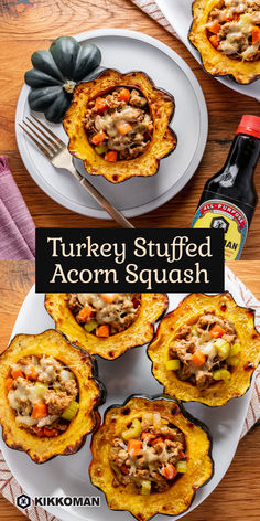 turkey stuffed acorn squash on a white plate