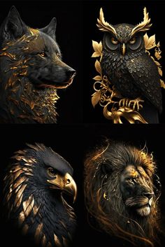 four different images of an owl, wolf and eagle head with gold leaves on it