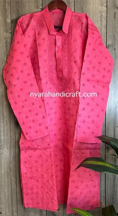 "-Chikankari pinkish red kurta for men. -Fine butas and detailed neck line hand embroidered on a soft fabric. \"Please note the sizes mentioned are actual garment measurements\"" Pink Long Sleeve Kurta For Traditional Ceremonies, Pink Kurta With Chikankari Embroidery For Transitional Season, Transitional Pink Kurta With Chikankari Embroidery, Pink Chikankari Embroidery Kurta For Traditional Ceremonies, Pink Kurta With Pallu For Traditional Ceremonies, Pink Kurta For Traditional Ceremonies And Festivals, Traditional Pink Cotton Kurta, Pink Cotton Kurta With Pallu, Fitted Pink Kurta For Puja