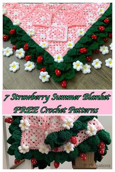 crocheted strawberry summer blanket with flowers and leaves on it, is shown in two different colors