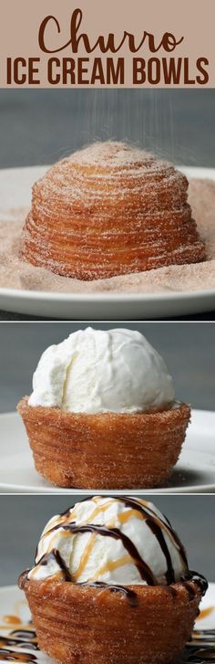 three different types of ice cream bowls on plates