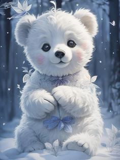 a white teddy bear sitting in the snow with butterflies around it's neck and eyes