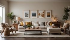 a living room with couches, chairs and pictures on the wall in front of them