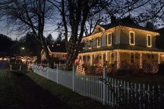 a house with christmas lights on it's front yard