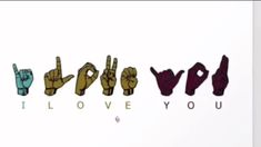 the word love you written in different colors and sizes with two fingers pointing at each other