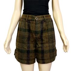 Brand New Without Tags Size 40 (Fits Like Us 6-8) Wool Tweed Cuffed Shorts By Apc. In Perfect Condition. 100% Wool, 100% Viscose. Fully Lined. Approximate Measurement Are Taken Laying Flat Waist 16 1/2 Length 15 3/4 Fitted Green Shorts For Fall, Green Fall Shorts, Green Short Bottoms For Fall, Green Short Fall Bottoms, Fall Plaid Shorts, Green Cotton Retro Shorts, Wool Plaid Shorts, Vintage Khaki Short Bottoms, Retro Plaid Short-length Bottoms