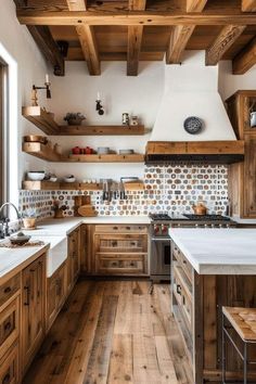 a kitchen with wooden cabinets and white counter tops, along with open shelving above the stove