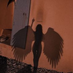 the shadow of a woman with large wings on her body is cast against a wall