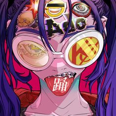 an anime character with purple hair and goggles on her face, looking at the camera