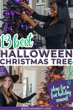 a woman decorating a halloween tree with purple and green decorations on the top, and an image of a witch's hat