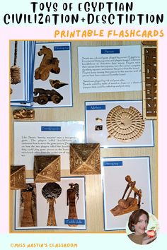 an egyptian themed classroom display with pictures and text that reads toys of egyptian civilization - description printable flashcards