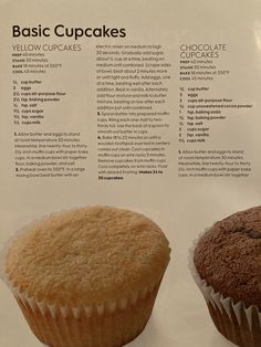 two cupcakes sitting side by side on top of a white paper sheet with instructions