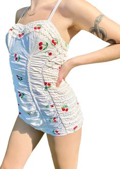 Fitted Cherry Print Swimwear For Spring, Summer One-piece Cotton Swimwear, Embroidered Cherries, Gold Bathing Suit, 50s Pin Up, Black And White Swimsuit, Wrap Swimsuit, White One Piece, Come Undone