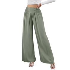 Pea Green Button Detail High Waist Wide Leg Pants High-waisted Non-stretch Bottoms With Button Closure, Non-stretch High-waist Wide Leg Pants With Buttons, Non-stretch High-waisted Pants With Button Closure, Spring Stretch Pants With Buttons, Non-stretch Wide Leg Pants With Buttons, Summer Green Pants With Buttons, Non-stretch Wide-leg Bottoms With Buttons, Non-stretch Wide-leg Pants With Buttons, Green Bottoms With Buttons For Fall