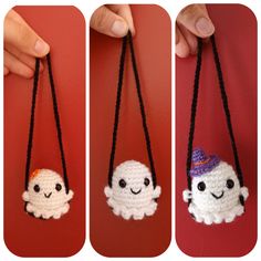 three different pictures of small crocheted items hanging from strings