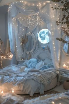 a white bed with lights around it and a round window in the corner that is lit up