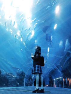 a woman standing in front of an aquarium looking at fish