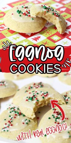 cookies with green and red sprinkles are on a white plate next to the words gorgoo cookies