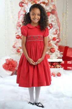 Holly - Corduroy Red Strasburg Children Winter Embroidered Cotton Dress, Winter Cotton Dress With Embroidery, Red Fitted Dress With Smocked Bodice, Winter Embroidered Red Dresses, Holiday Red Embroidered Dress, Red Embroidered Winter Dress, Red Embroidered Christmas Dress, Festive Cotton Holiday Dress, Red Cotton Holiday Dress