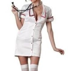 Incharacter Temperature Rising Nurse Costume Nwot New Old Stock Costume New In Package Cover Page Of Package Missing This Sexy Nurse Costume Is Sure To Create Some Body Heat This Halloween! Costume Features A Stretch Satin, Snap-Up Mini Dress Hat Toy Stethoscope Nylons Tag M Flat Lay Approx Pit To Pit 18” Waist 14” Hip 17” Ctr Front Top To Hem 21.5” Ctr Back Neck To Hem 32” 97% Polyester 3% Spandex Machine Wash Cold Dry Low White Thigh Highs, Vintage Nurse, Nurse Costume, Dating Girls, Nurse Hat, Dress Hat, Some Body, Thigh High Stockings, Dress Hats