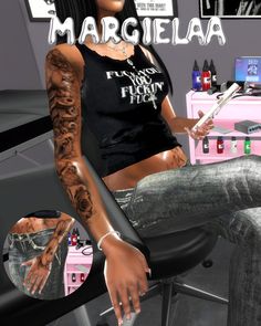 a woman sitting in a chair with tattoos on her arm