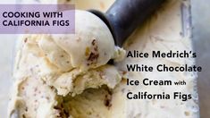 an ice cream scoop full of vanilla ice cream with the words cooking with california figs above it