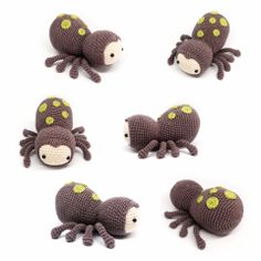 six small stuffed animals are arranged in the shape of an octopus, spider, and turtle