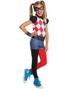 Halloween is the perfect time of year to get a little crazy in our DC Superhero Harley Quinn Child Costume. Always quick with a joke or willing to have a fun time, this outfit is modeled after character as seen in the popular animated series. This jumpsuit has a white vest top with red, pink, and black diamonds, blue shorts around the waist and red and black pant legs. This garb also includes a black eye mask and a black belt. Wristband and pigtail wig not included. Quit clowning around and pick Harley Quinn Kids, Girls Harley Quinn Costume, Harley Quinn Disfraz, Fun Halloween Outfits, Harley Quinn Halloween Costume, White Vest Top, Harley Quinn Halloween, Girls Fancy Dress, Costumes Kids