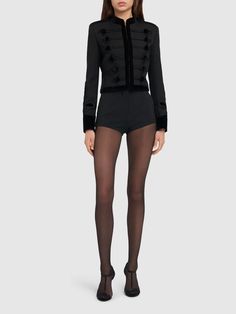 Dolce & Gabbana Stretch Wool Blend Tuxedo Shorts - Black | Editorialist Versace Brand, Flat Espadrilles, Shearling Jacket, Short Jacket, Ski Wear, Swimwear Tops, Party Outfit, Pants Set, Scarf Accessory