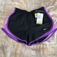 Nike Dri-Fit Standard Shorts Purple/Black Women Size Small New With Tags Lined, Elastic Waistband With Tie, Back Inside Small Pocket Sold As Is Stretch Nike Shorts In Purple, Nike Stretch Purple Shorts, Nike Purple Shorts, White Nike Pros, Outfit Outer, Nike Spandex Shorts, White Nike Shorts, Nike Tempo Shorts, Nike Spandex