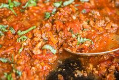 a close up of a spoon in a pot filled with meat and vegetables on the stove