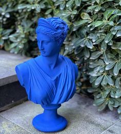 a blue busturine sitting in front of some bushes