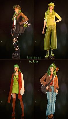 four 3d renderings of people in different outfits and hats, all with green hair