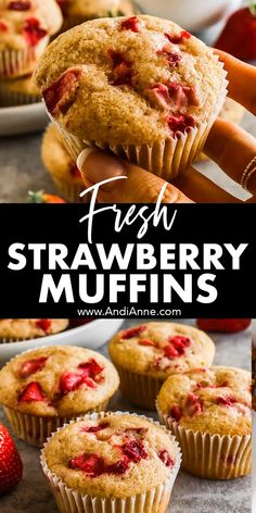 fresh strawberry muffins with strawberries on top and in the background, there are other muffins