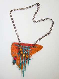 Handmade Orange Fiber Art Necklace Turquoise Copper Beaded Statement Jewelry | eBay Fiber Necklace, Diy Fabric Jewellery, Fiber Art Jewelry, Artisan Jewelry Necklaces, Fine Gold Jewelry, Estate Rings, Art Necklaces, Felt Jewelry, Costume Necklaces