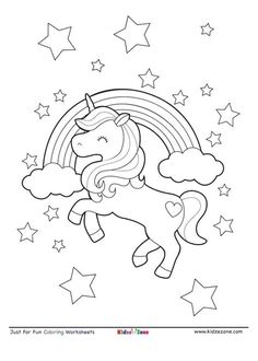 a coloring page with an image of a unicorn flying over the stars and rainbows