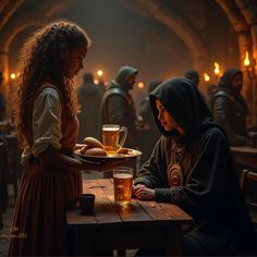 two women sitting at a table with beer in front of them and one holding a plate