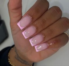 Short Pink Tip Acrylic Nails, Medium Length Pink Acrylic Nails, Cute French Tip Nails Acrylic Square, Shorties Acrylic Nails Square French Tip, Short Square Pink French Tip Nails, Cute French Tip Nails Designs Short, Pink Tip French Nails, Pink French Tip Nails With Heart, Pink Acrylic French Tips