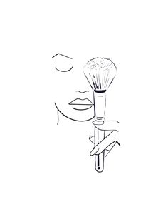 a black and white drawing of a woman's face holding a brush