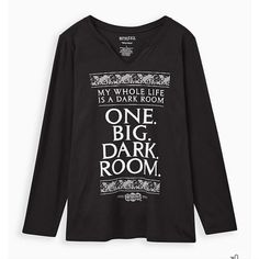 Nwt Torrid Plus Size Beetlejuice Collection Size 0x 0 12 Large Long Sleeve Oversized #Materials + Care Poly-Blend Knit Fabric. 50% Polyester, 37% Cotton, 13% Rayon. Machine Wash Cold. Line Dry. Imported. Details Clip Neckline. Long Sleeves. "My Whole Life Is A Dark Room" Beetlejuice Movie Quote Graphic. Beetlejuice Movie, Quote Graphic, A Dark Room, Black Tee Shirt, Movie Quote, Room Black, Graphic Quotes, Room Size, My Whole Life