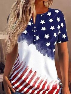 American Flag Print, Short Sleeve Pattern, Henley Shirts, Waist Length, Summer Tshirts, Casual T Shirts, Tie Dye Top, Print Tops, T Shirt Top