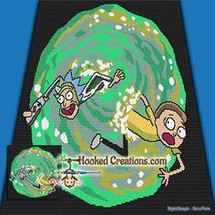 an animated image of two people in front of a giant green object with the word hooked creations on it