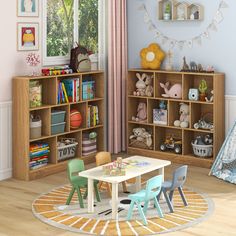 a child's playroom with toys and bookshelves in the corner,