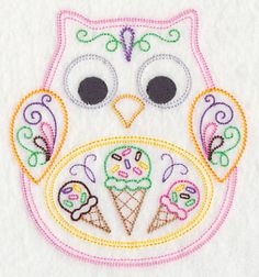 an embroidered owl with ice cream cones on it's face