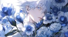 an anime character with white hair and blue eyes surrounded by flowers in front of him