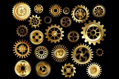 several different types of gears on a black background